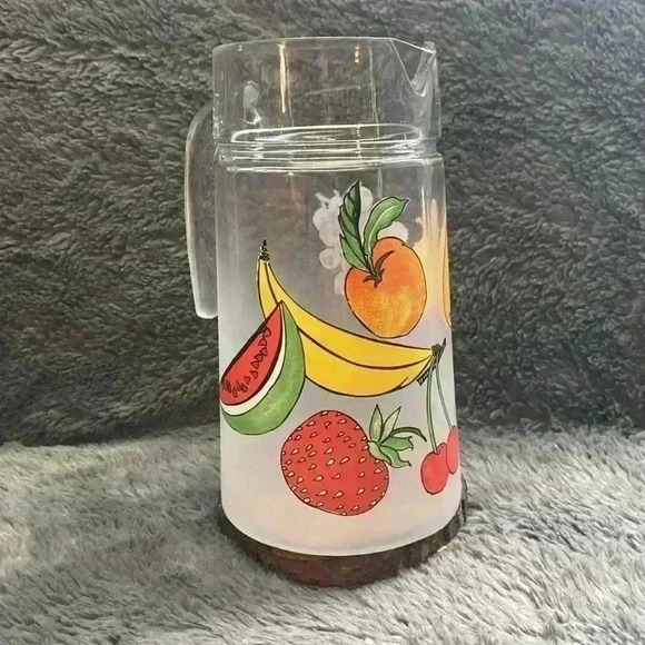 Vintage 80s Fruit Pattern Frosted Glass Pitcher Dartington France - Picture 3 of 16